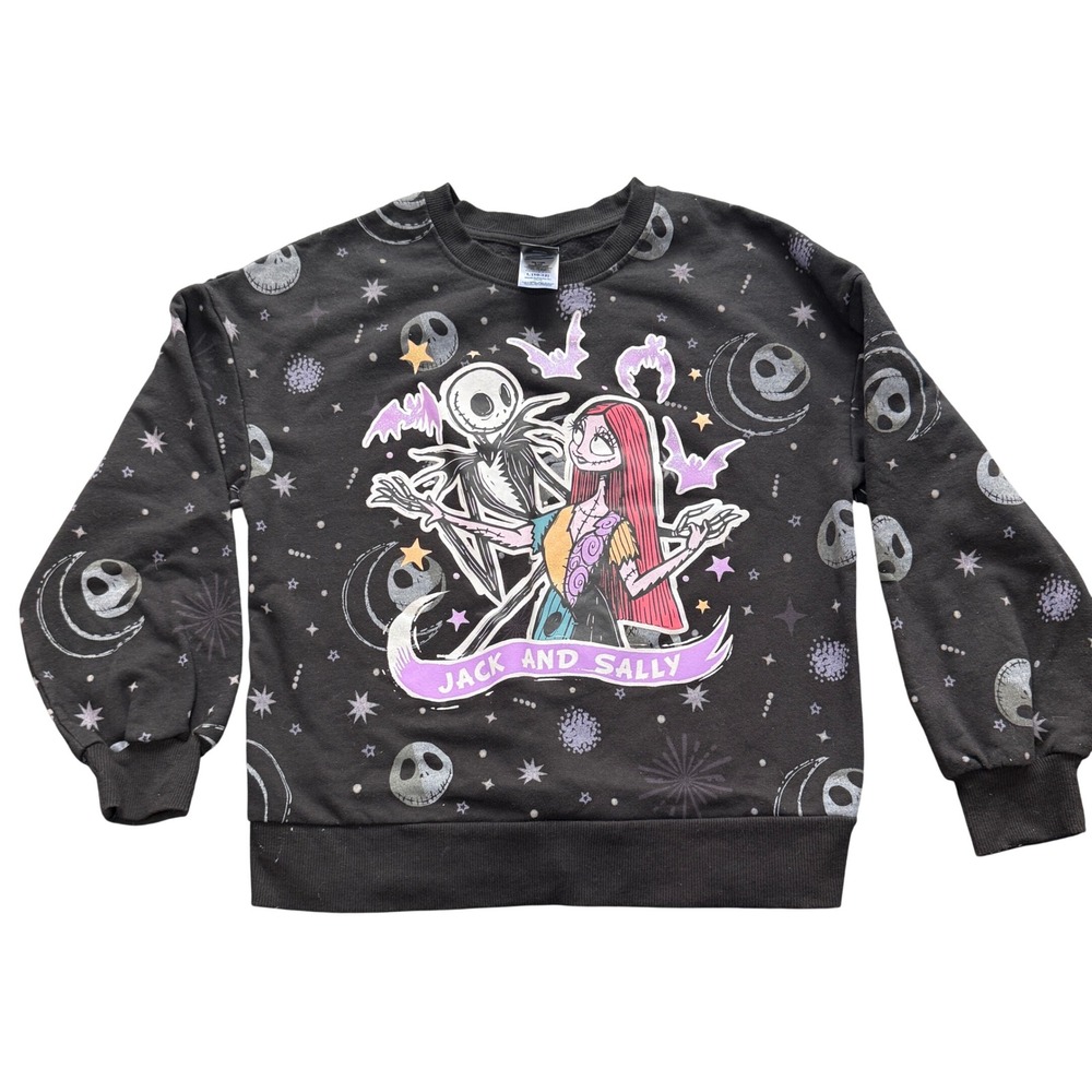 Disney Nightmare Before Christmas Sweatshirt Girls L 10-12 Black Jack Sally AOP